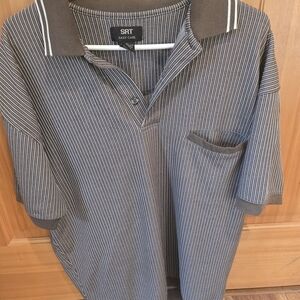 Men's Easy Care Striped Polo Shirt - Dark Olive Green and White